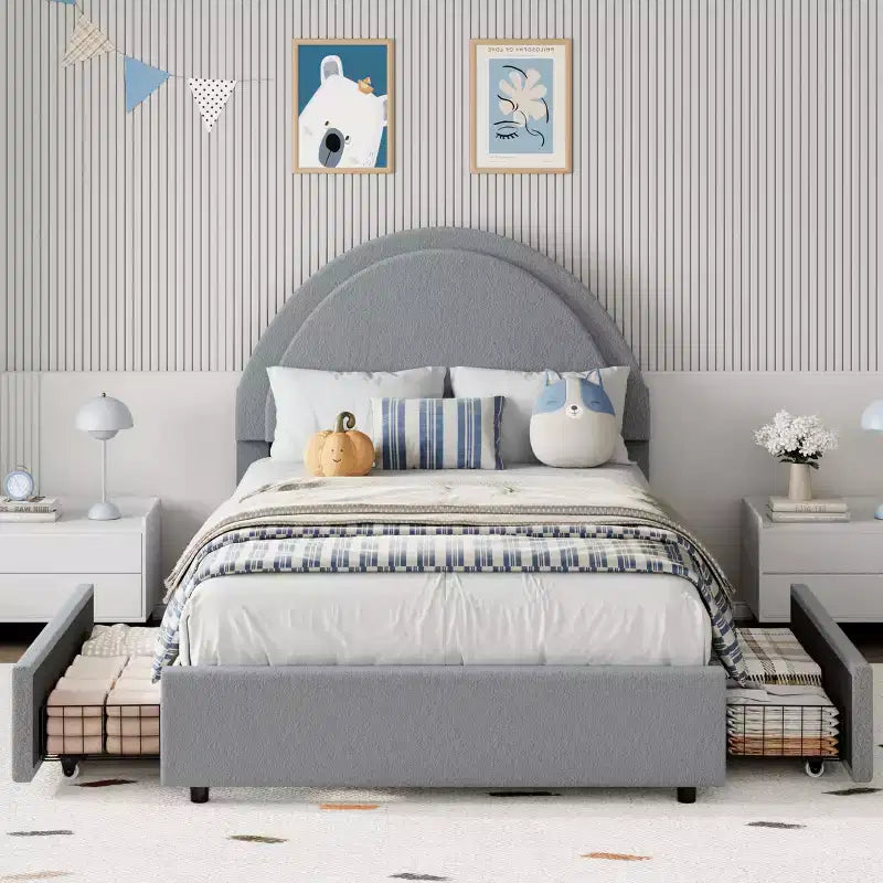 Struttura letto con cassetti contenitore, letto a piattaforma imbottito in boucle con testiera rotonda, resistente e silenzioso, non necessita di box spring