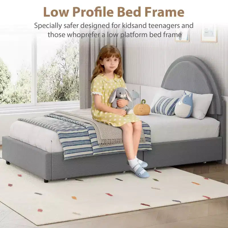 Struttura letto con cassetti contenitore, letto a piattaforma imbottito in boucle con testiera rotonda, resistente e silenzioso, non necessita di box spring