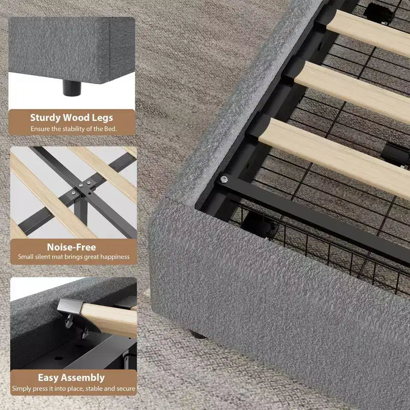 Struttura letto con cassetti contenitore, letto a piattaforma imbottito in boucle con testiera rotonda, resistente e silenzioso, non necessita di box spring