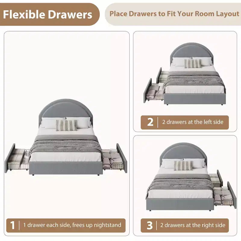 Struttura letto con cassetti contenitore, letto a piattaforma imbottito in boucle con testiera rotonda, resistente e silenzioso, non necessita di box spring