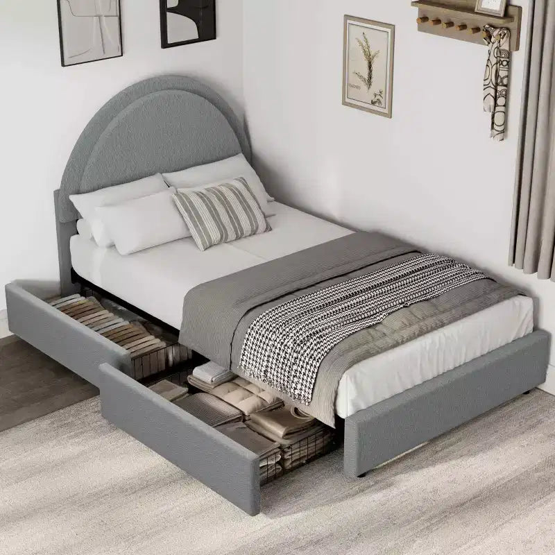 Bed Frame with Storage Drawers, Upholstered Boucle Platform Bed with Round Headboard, Heavy Duty & Noise Free, No Box Spring Needed