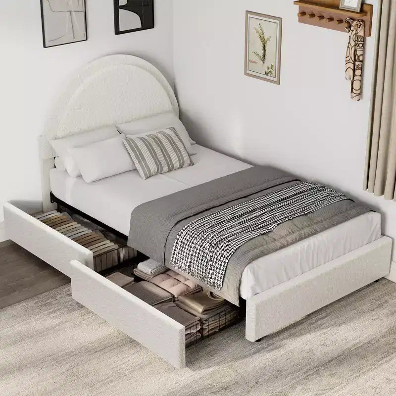 Struttura letto con cassetti contenitore, letto a piattaforma imbottito in boucle con testiera rotonda, resistente e silenzioso, non necessita di box spring