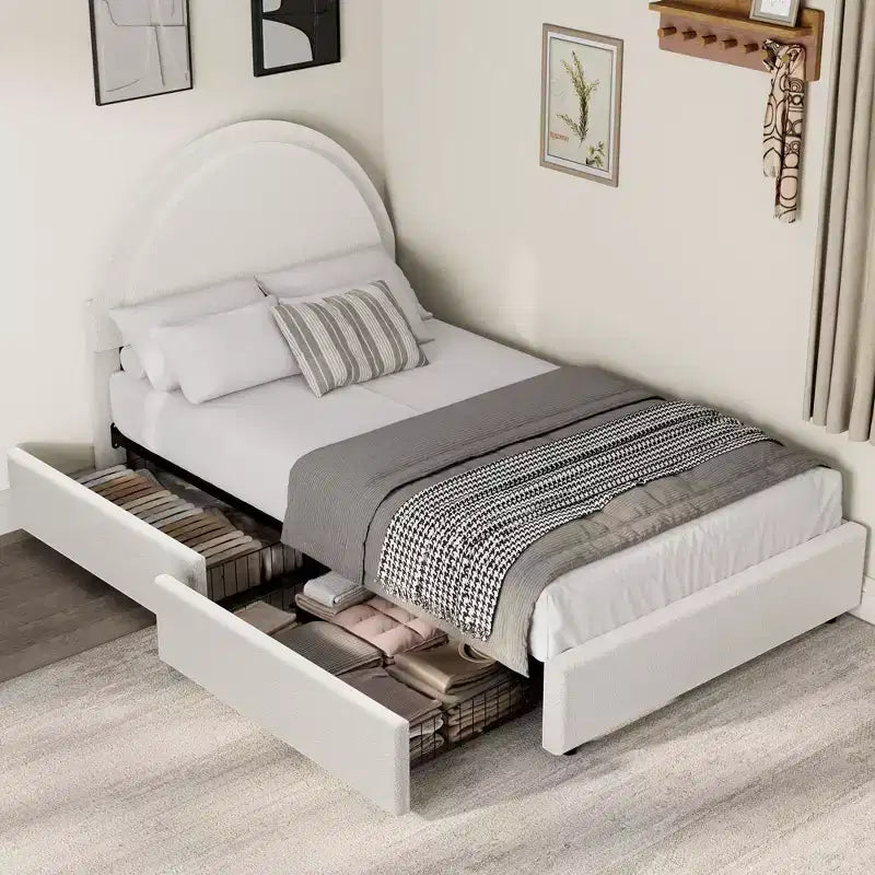 Struttura letto con cassetti contenitore, letto a piattaforma imbottito in boucle con testiera rotonda, resistente e silenzioso, non necessita di box spring