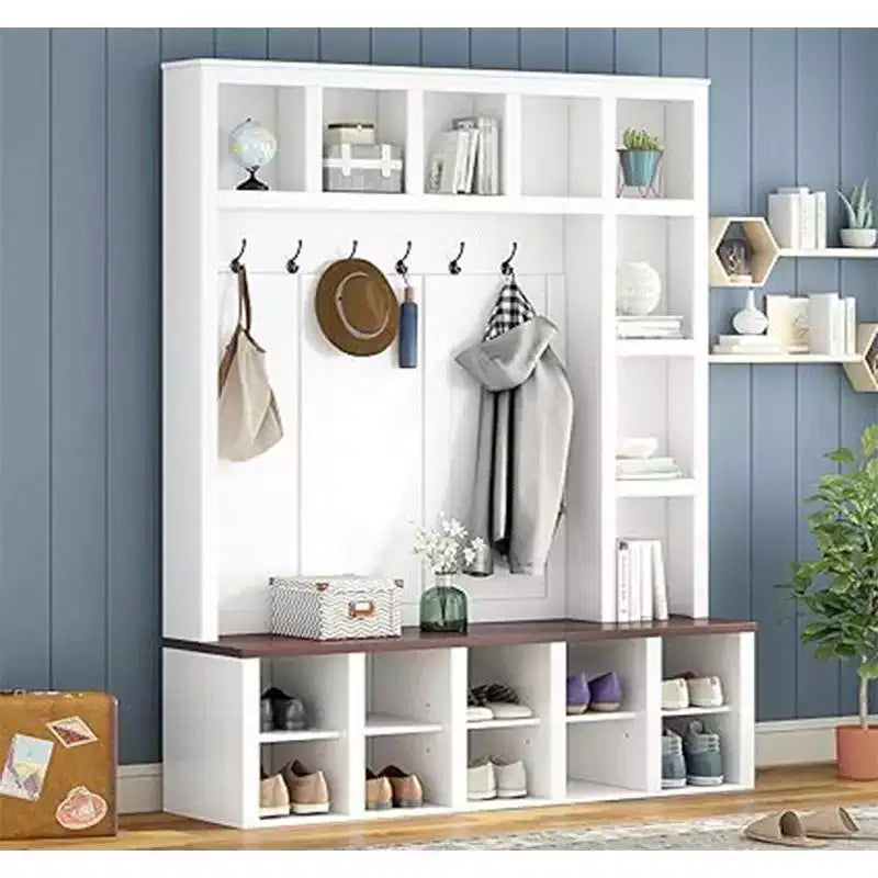 Hall Tree with Bench and Shoe Storage, Farmhouse Wooden Coat Rack with 6 Hooks, Built-in 18 Open Compartments, for Entryway, Living Room, White