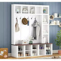 Hall Tree with Bench and Shoe Storage, Farmhouse Wooden Coat Rack with 6 Hooks, Built-in 18 Open Compartments, for Entryway, Living Room, White