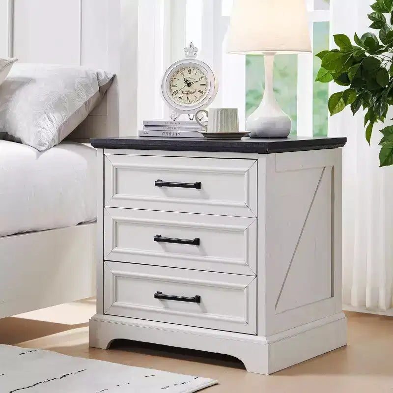 Modern Farmhouse Nightstand with 3 Large Drawers, Rustic 24.8 Inch Wide End Side Table Retro Wood Nightstand for Living Room Bedroom, White