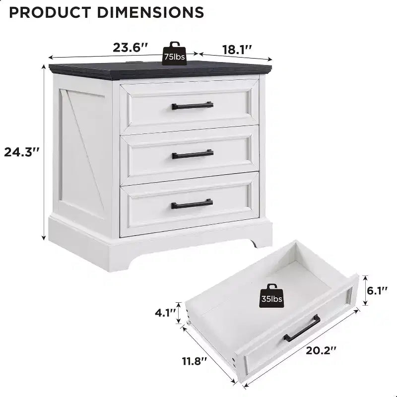 Comodino Modern Farmhouse con 3 ampi cassetti, tavolino rustico da 63 cm in legno retrò per soggiorno e camera da letto, bianco
