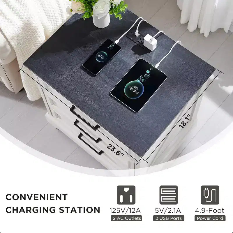 Comodino Modern Farmhouse con 3 ampi cassetti, tavolino rustico da 63 cm in legno retrò per soggiorno e camera da letto, bianco
