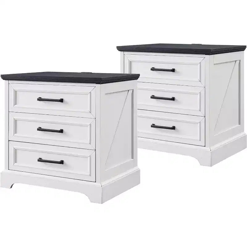 Comodino Modern Farmhouse con 3 ampi cassetti, tavolino rustico da 63 cm in legno retrò per soggiorno e camera da letto, bianco