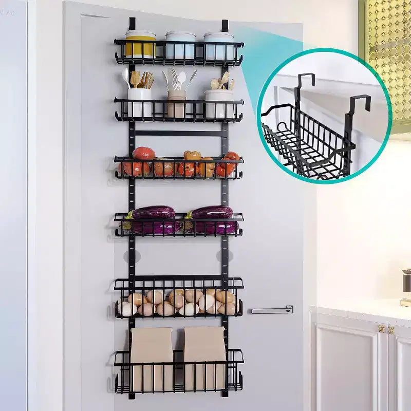 6-Tier Over the Door Pantry Organizer for Kitchen Storage Room Bathroom, Hanging Metal Spice Rack with Adjustable Basket and Suction Cups, Black