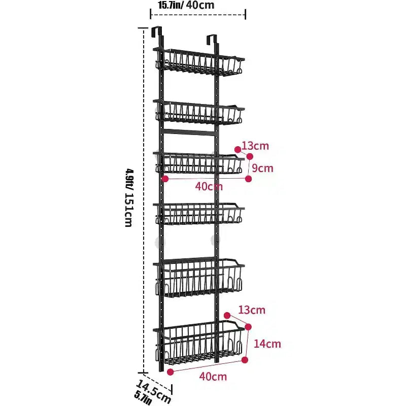 Organizer dispensa da appendere alla porta a 6 livelli per cucina, ripostiglio, bagno, scaffale portaspezie in metallo con cesto regolabile e ventose, nero