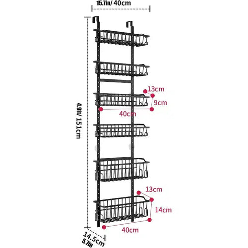 Organizer dispensa da appendere alla porta a 6 livelli per cucina, ripostiglio, bagno, scaffale portaspezie in metallo con cesto regolabile e ventose, nero