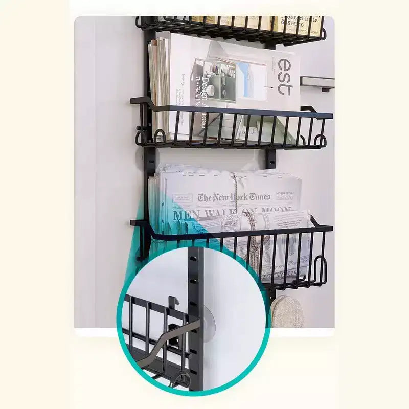 Organizer dispensa da appendere alla porta a 6 livelli per cucina, ripostiglio, bagno, scaffale portaspezie in metallo con cesto regolabile e ventose, nero