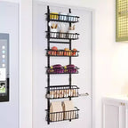 Organizer dispensa da appendere alla porta a 6 livelli per cucina, ripostiglio, bagno, scaffale portaspezie in metallo con cesto regolabile e ventose, nero