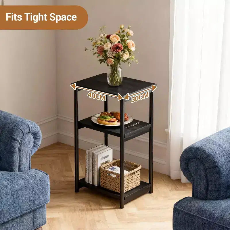 Questo tavolino a tre ripiani con portaoggetti è adatto per soggiorni, camere da letto, ecc. Può essere facilmente montato senza attrezzi.