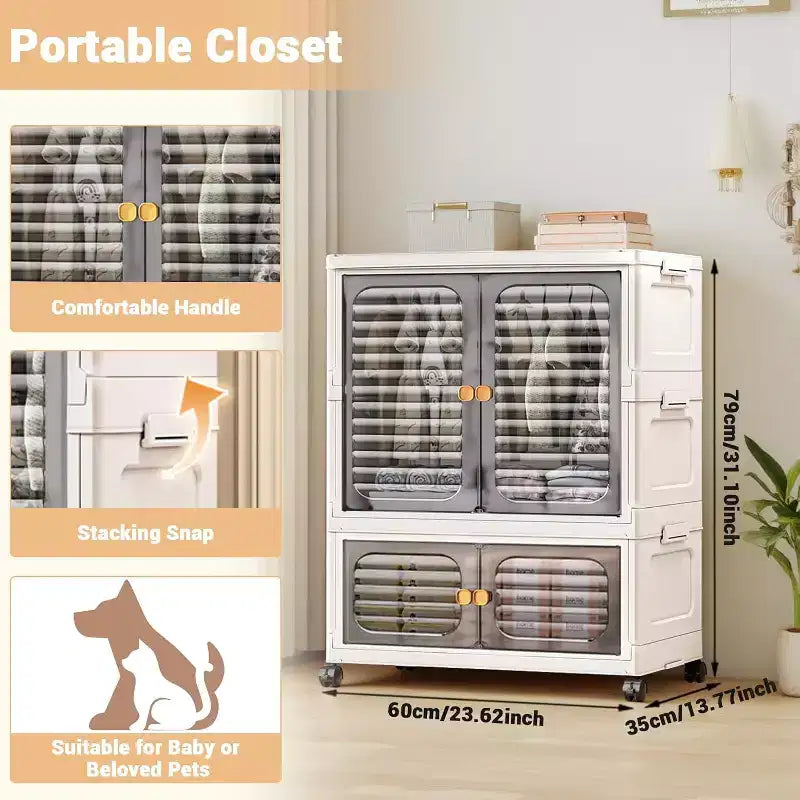 Acekool Armadio Guardaroba per Animali Domestici, Contenitori Impilabili con Coperchi e Ruote, Organizer Pieghevole con Asta Appendiabiti per Vestiti, Giocattoli, Coperte