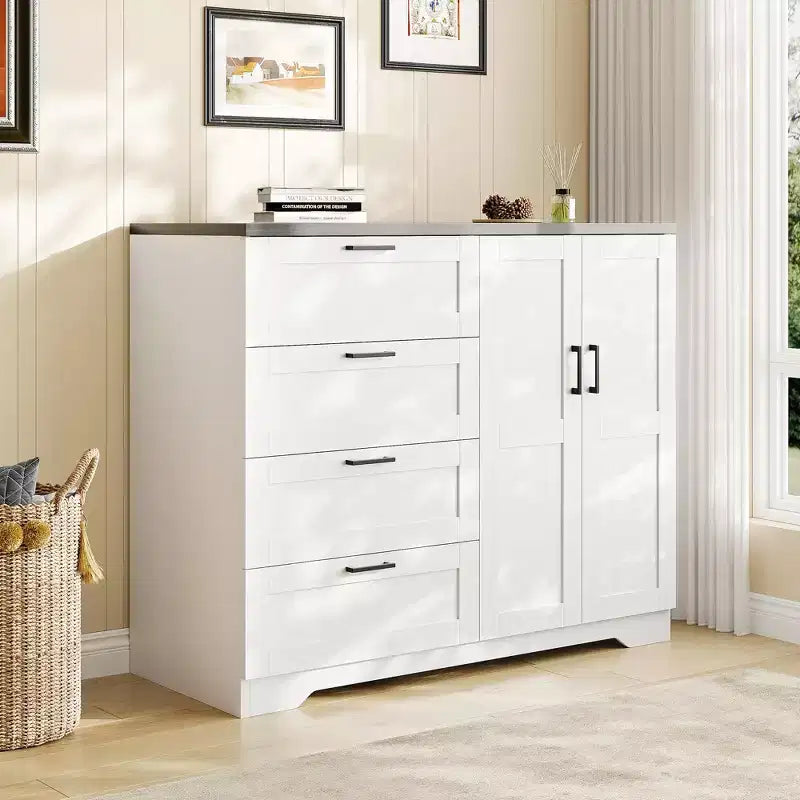Armadio con cassetti - Armadio con 4 cassetti e asta appendiabiti da 110 cm, mobile contenitore basso per vestiti appesi e doppie ante
