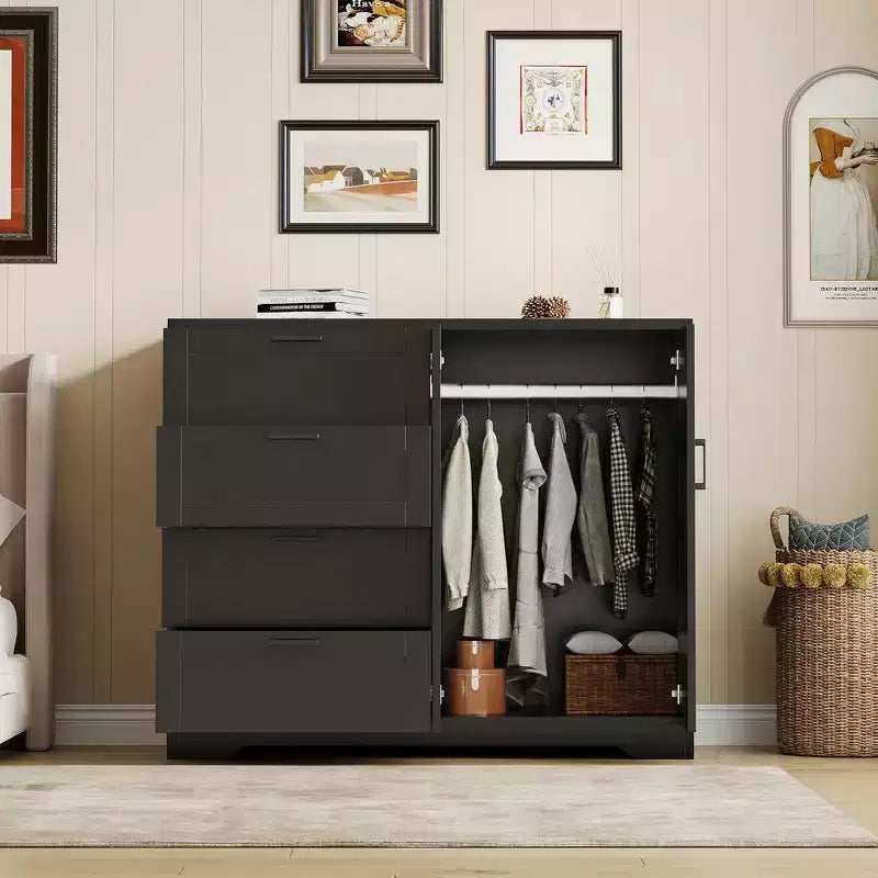 Armadio con cassetti - Armadio con 4 cassetti e asta appendiabiti da 110 cm, mobile contenitore basso per vestiti appesi e doppie ante