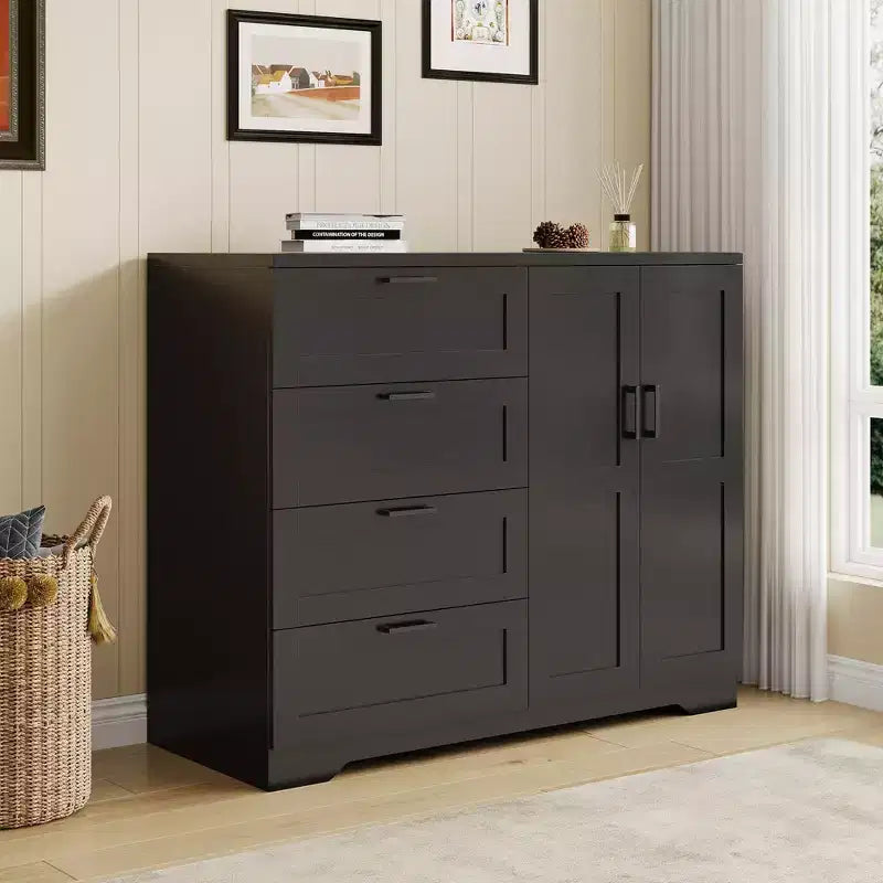 Armadio con cassetti - Armadio con 4 cassetti e asta appendiabiti da 110 cm, mobile contenitore basso per vestiti appesi e doppie ante