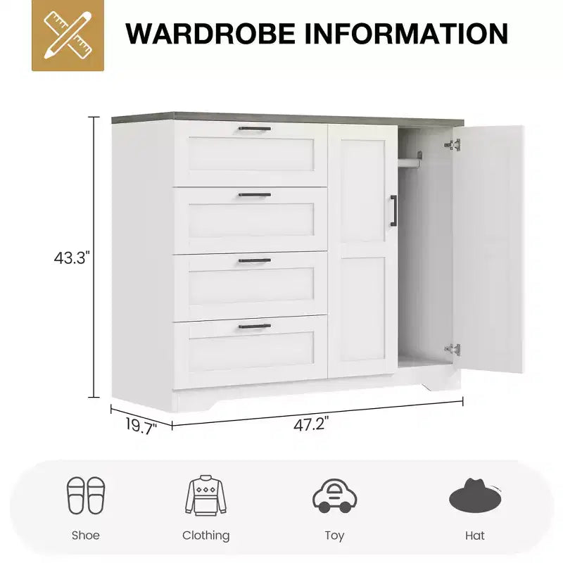 Armadio con cassetti - Armadio con 4 cassetti e asta appendiabiti da 110 cm, mobile contenitore basso per vestiti appesi e doppie ante