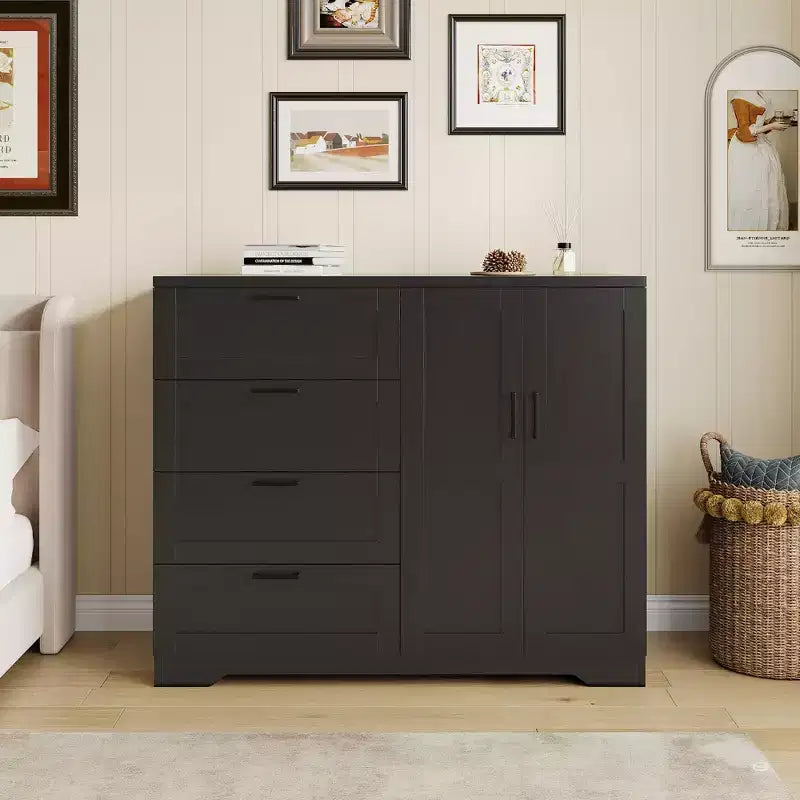 Wardrobe Closet with Drawers-43.3 in Wardrobe Armoire Closet with 4 Drawers and Hanging Rod, Low Storage Cabinet for Hanging Cloth and Double Doors