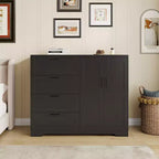 Wardrobe Closet with Drawers-43.3 in Wardrobe Armoire Closet with 4 Drawers and Hanging Rod, Low Storage Cabinet for Hanging Cloth and Double Doors