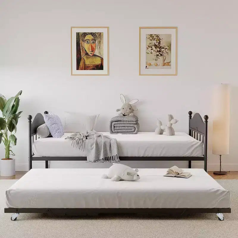 Metal Twin Daybed with Adjustable Trundle, Sturdy Steel Slats, and Stylish Headboard for Bedroom, Living Room, or Guest Room