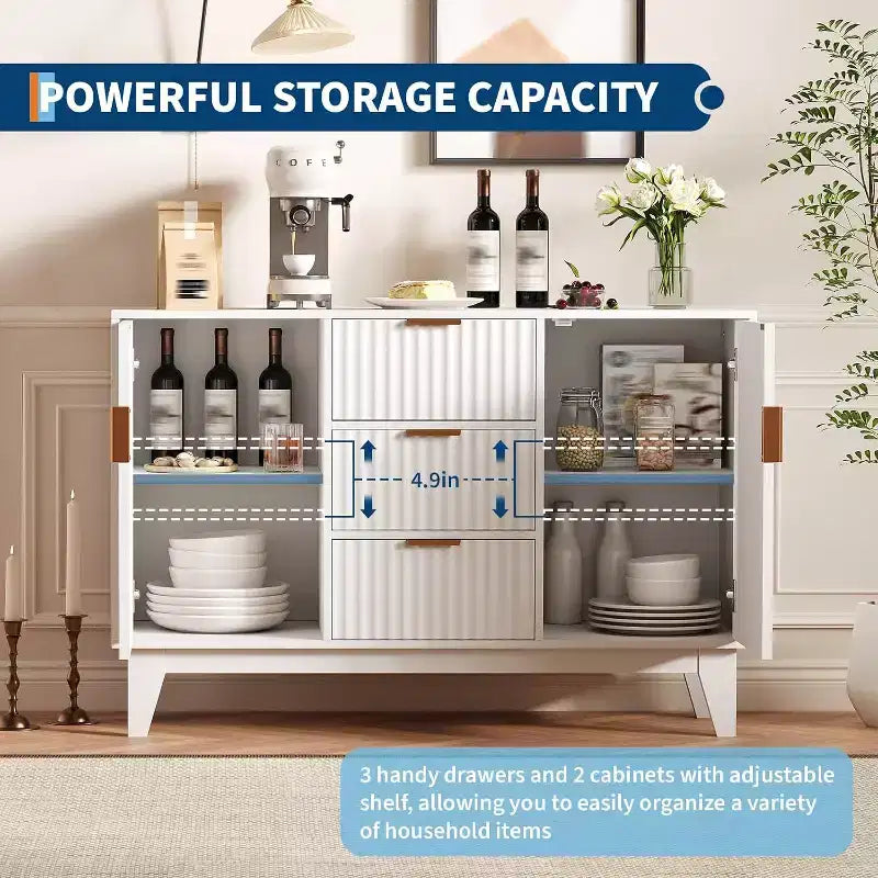 Credenza da Buffet con Ante e 3 Cassetti, Mobile Contenitore da Cucina Stile Farmhouse e Tavolo Consolle da Caffè per Sala da Pranzo