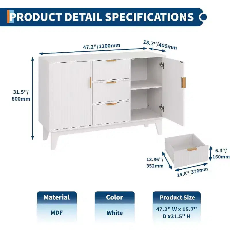Credenza da Buffet con Ante e 3 Cassetti, Mobile Contenitore da Cucina Stile Farmhouse e Tavolo Consolle da Caffè per Sala da Pranzo
