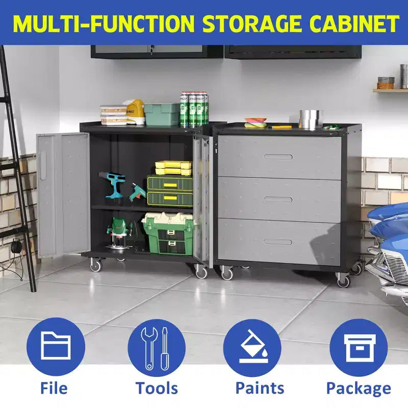VIYET 35 Armadio in Acciaio Resistente con Ruote - Ruote Bloccabili e Corrimano Superiore, Organizzatore Mobile per Attrezzi per Garage/Casa/Ufficio/Magazzino