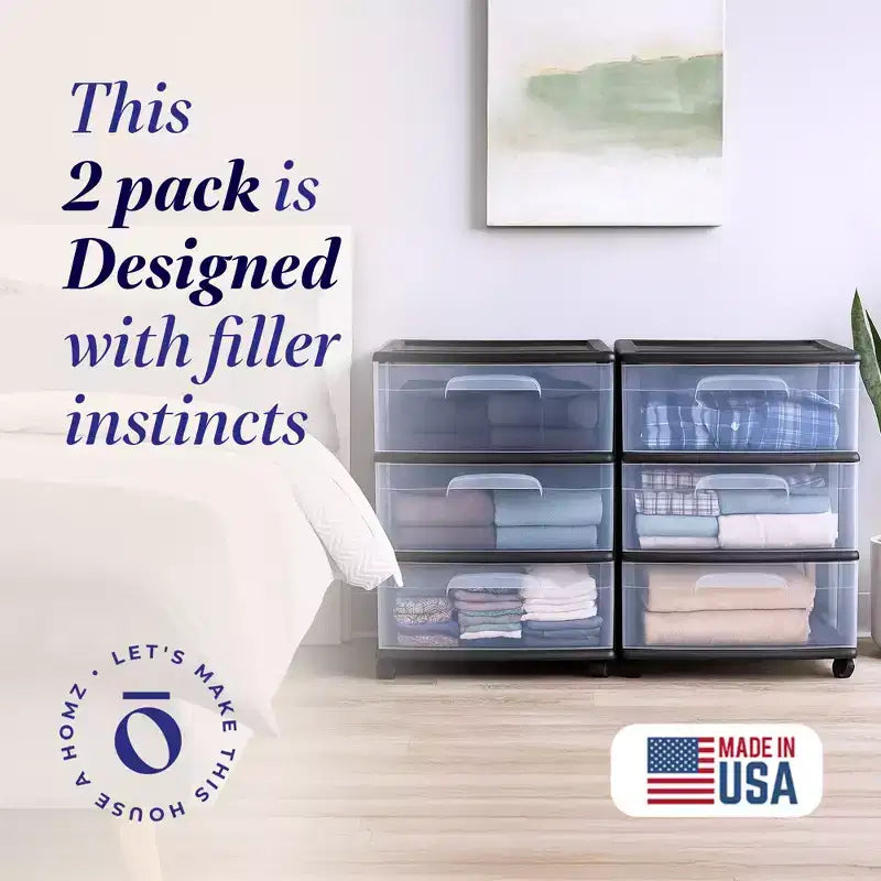 Organizzatore carrello a 3 cassetti HOMZ con ruote rimovibili, Medio, Nero e Trasparente