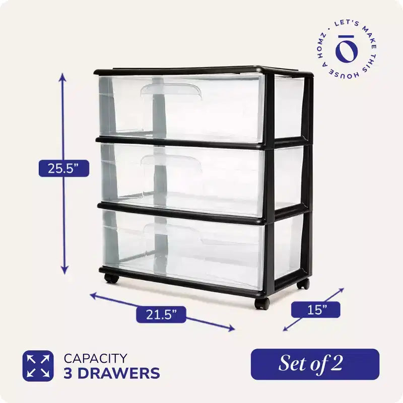 Organizzatore carrello a 3 cassetti HOMZ con ruote rimovibili, Medio, Nero e Trasparente