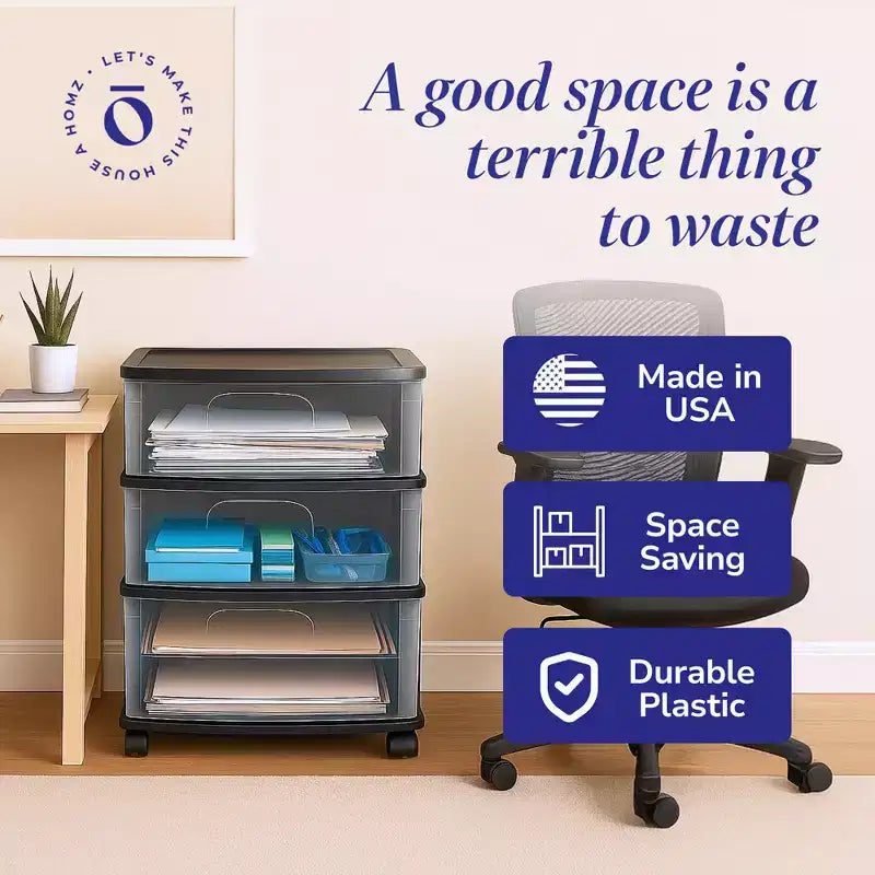 Organizzatore carrello a 3 cassetti HOMZ con ruote rimovibili, Medio, Nero e Trasparente