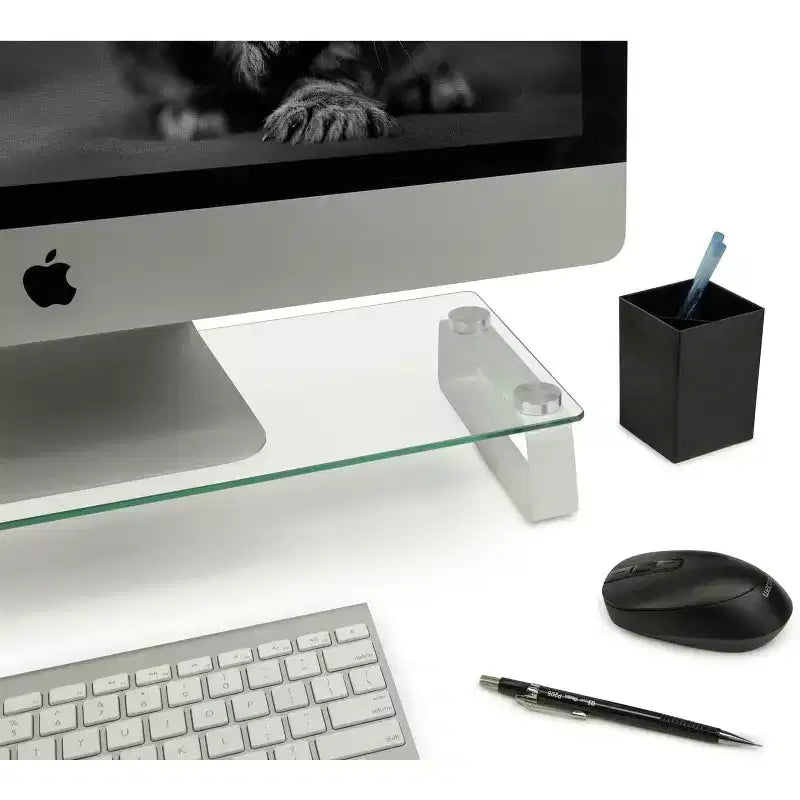 Supporto per monitor per computer e rialzo per laptop Mount-It! in vetro | Supporto trasparente per schermo piatto, mensola e organizer da scrivania, struttura in vetro e alluminio