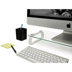 Supporto per monitor per computer e rialzo per laptop Mount-It! in vetro | Supporto trasparente per schermo piatto, mensola e organizer da scrivania, struttura in vetro e alluminio