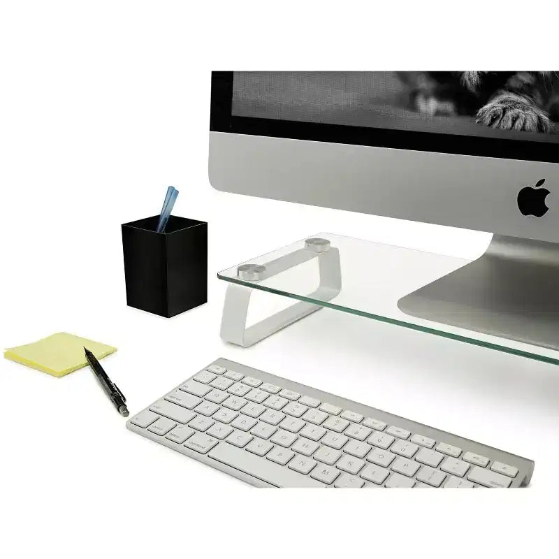 Supporto per monitor per computer e rialzo per laptop Mount-It! in vetro | Supporto trasparente per schermo piatto, mensola e organizer da scrivania, struttura in vetro e alluminio